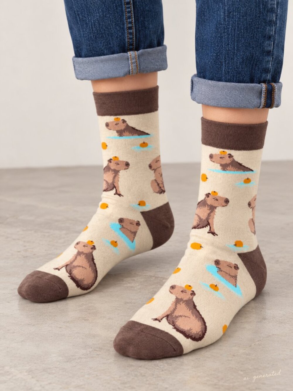 Capybara Novelty Crew Socks Cream Brown Women’s One Size OS